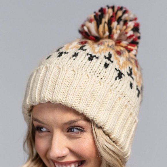 🆕 Cream / Mustard Multicolor Knit Beanie with Cute Multicolor Pom-Pom 🆕 - Picture 3 of 7